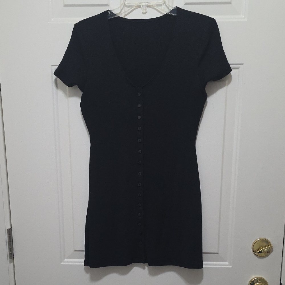 Black Short Sleeve Button-Front Women's Dress